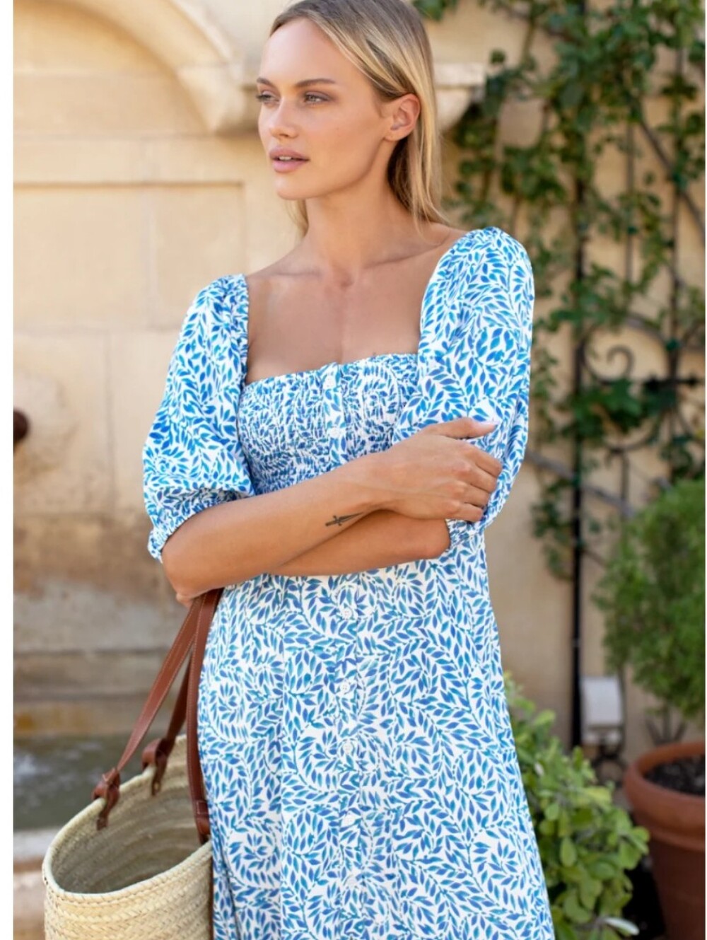 India Collection Emerson Fry Santiago 3 Smocked Boho Blue White Dress, XS/S - Picture 4 of 14